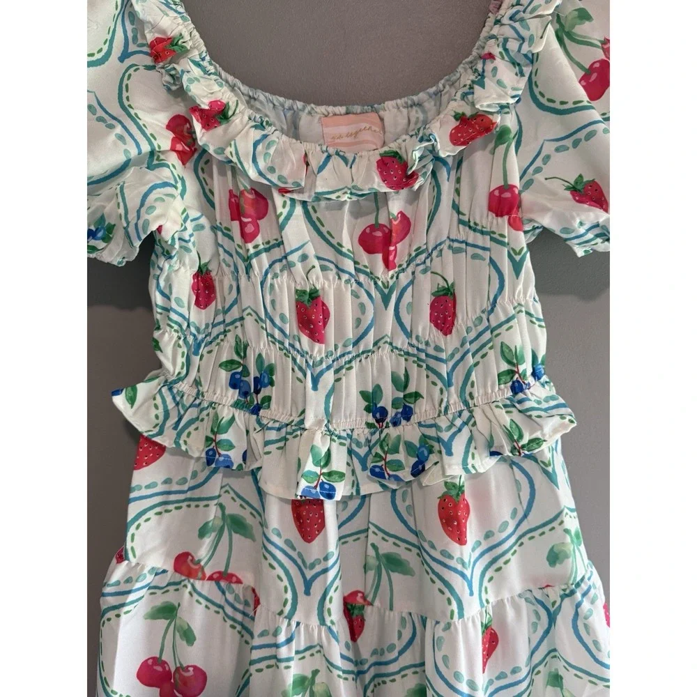 Us Together Fruit Print Maxi Dress Smocked Tiered Cherry Strawberry Blueberry Lg - Picture 7 of 15